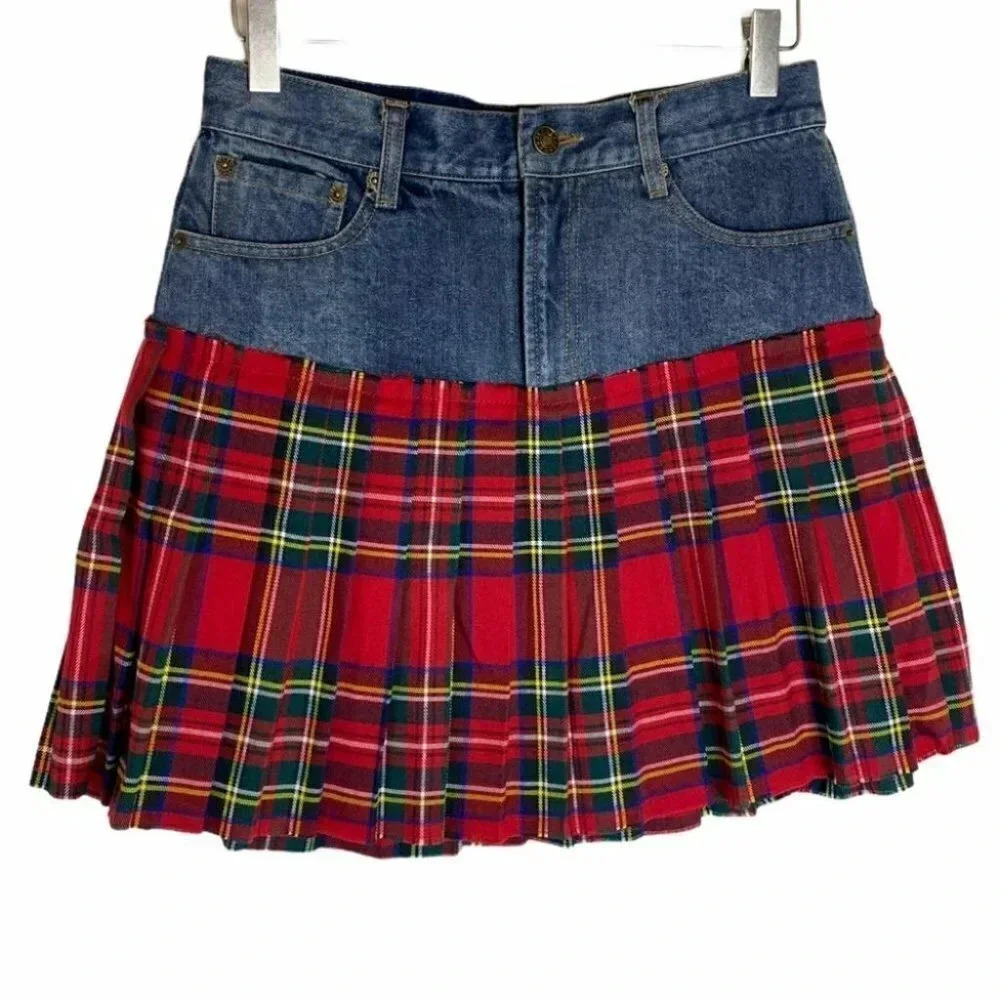 En Creme S denim & red plaid pleated‎ shirt NWT